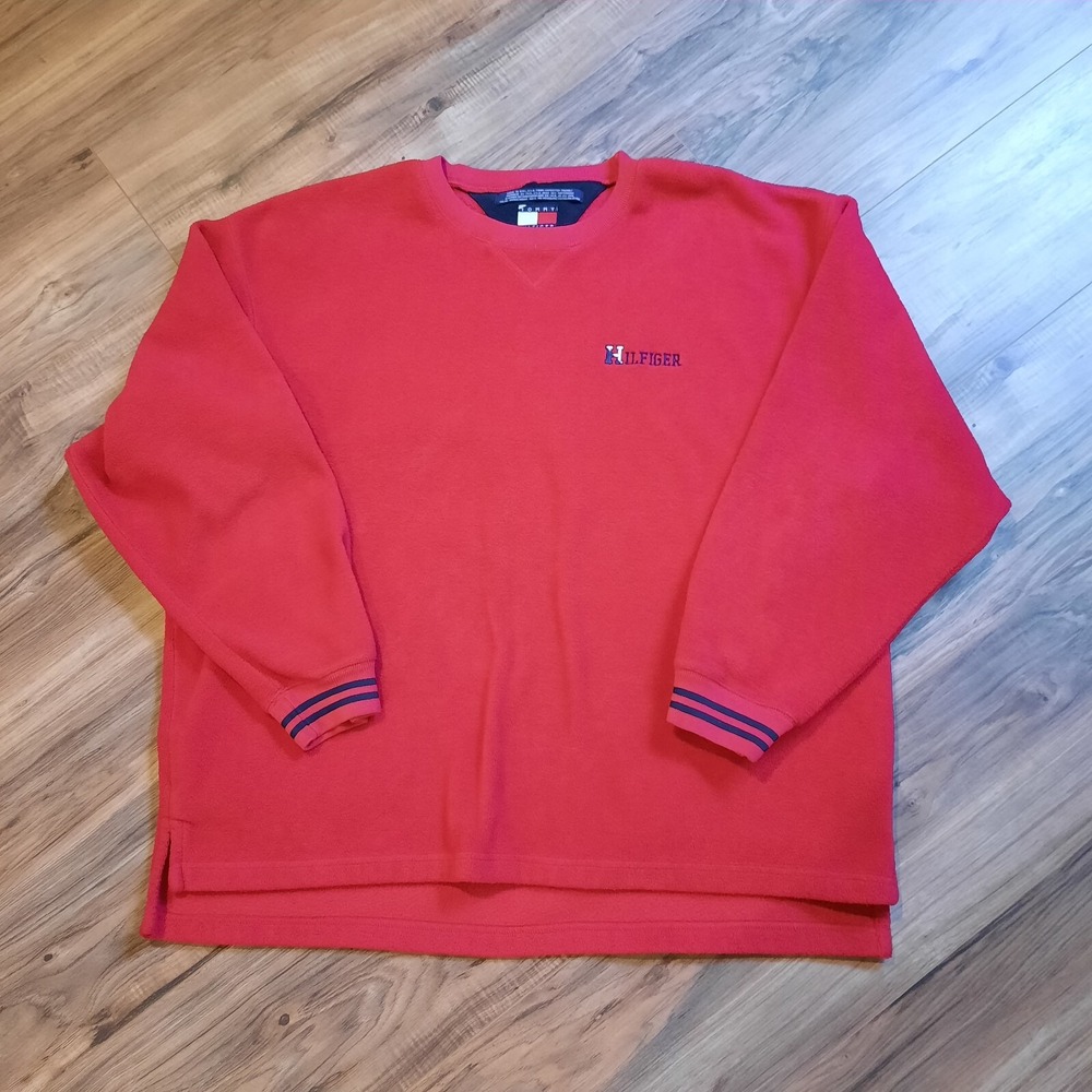 Vtg Tommy Hilfiger Fleece Crew Size XL Red Pullover Sweatshirt USA Made 90s‎ Y2K